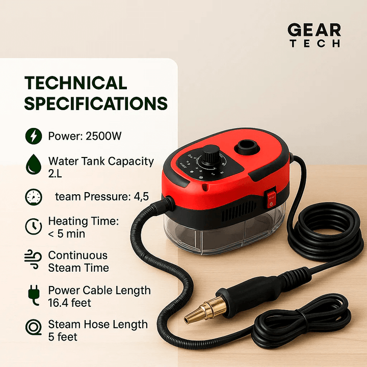 White steam cleaner shown from a side angle, highlighting its sleek design.