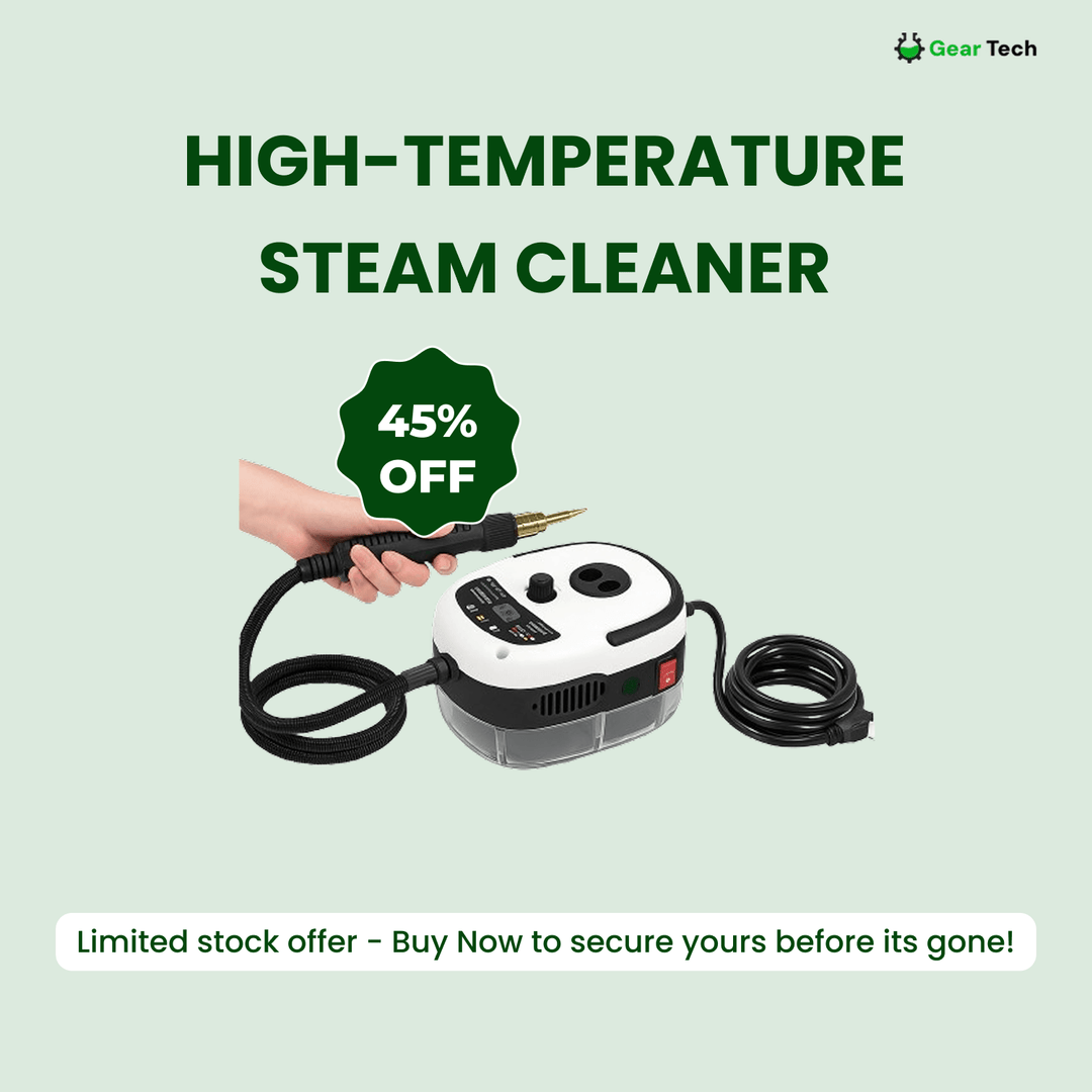 Product overview shot of the steam cleaner, including accessories.