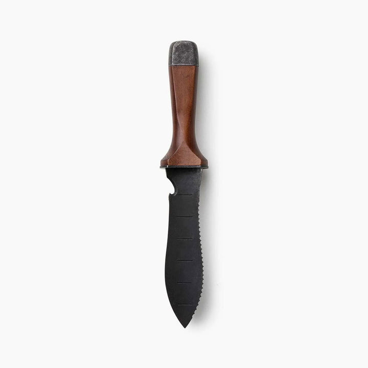 "Hori Hori garden knife with walnut handle and rust-resistant steel blade, perfect for outdoor tasks like digging and cutting