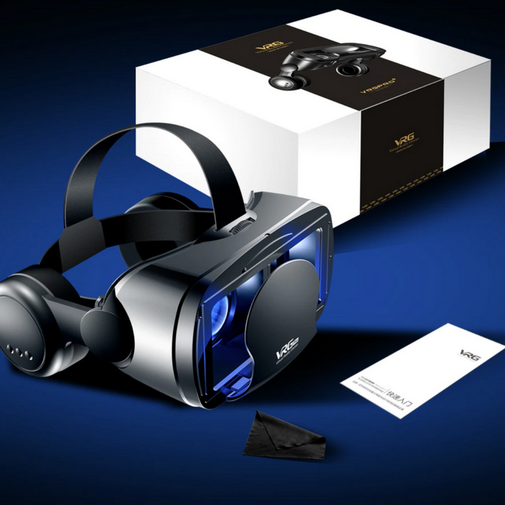 Immersive VR headset for phones with built-in headphones and adjustable lenses.