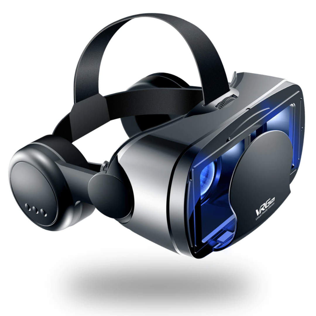 User enjoying immersive gaming with a smartphone VR headset, built-in headphones, and adjustable view.
