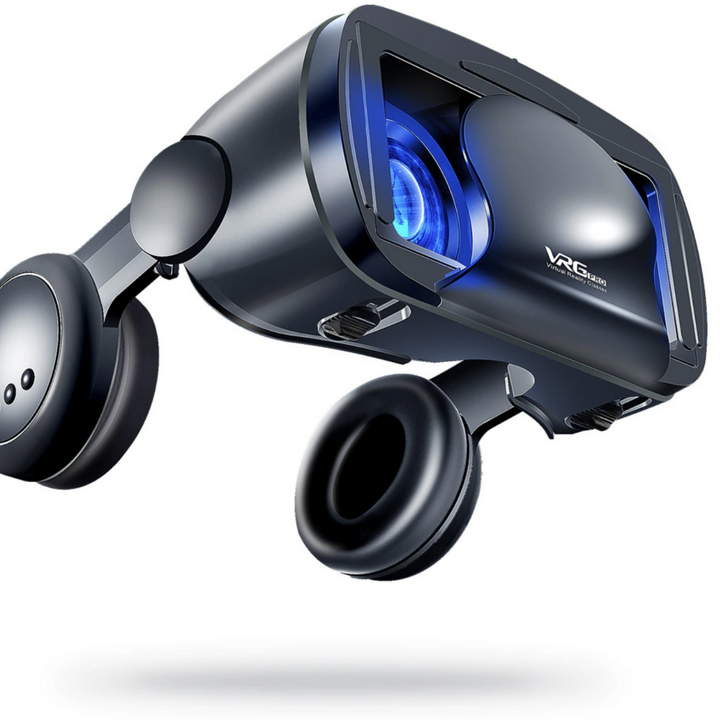 Front view: Mobile VR headset with adjustable head strap, comfortable built-in stereo headphones.