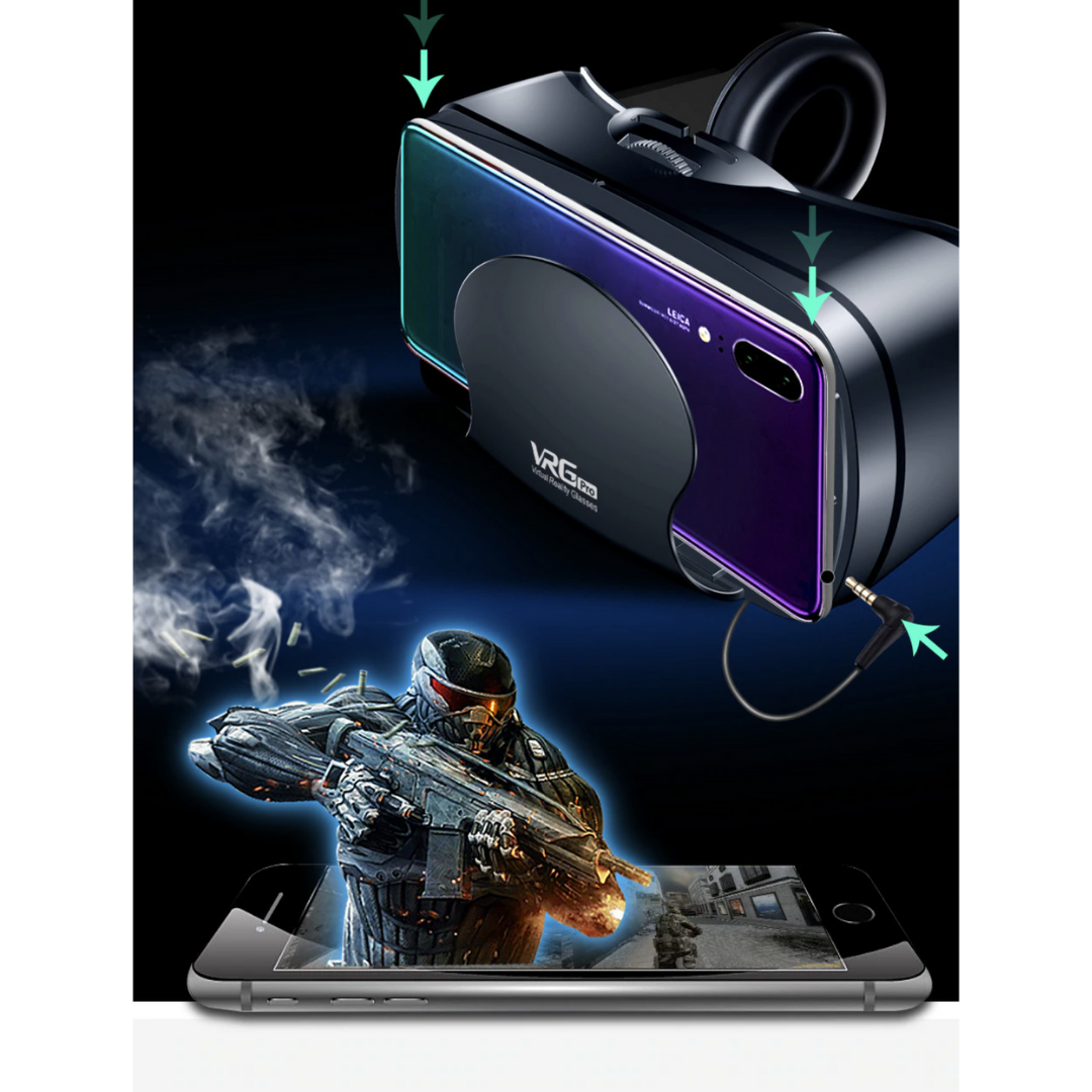 Gaming VR headset for mobile phones, providing immersive virtual reality with integrated audio and vision adjustment.