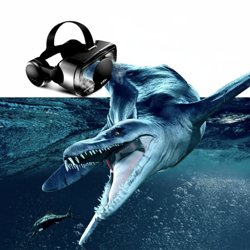 Detailed view of VR headset's adjustable lenses and comfortable ear cups for extended phone VR sessions.