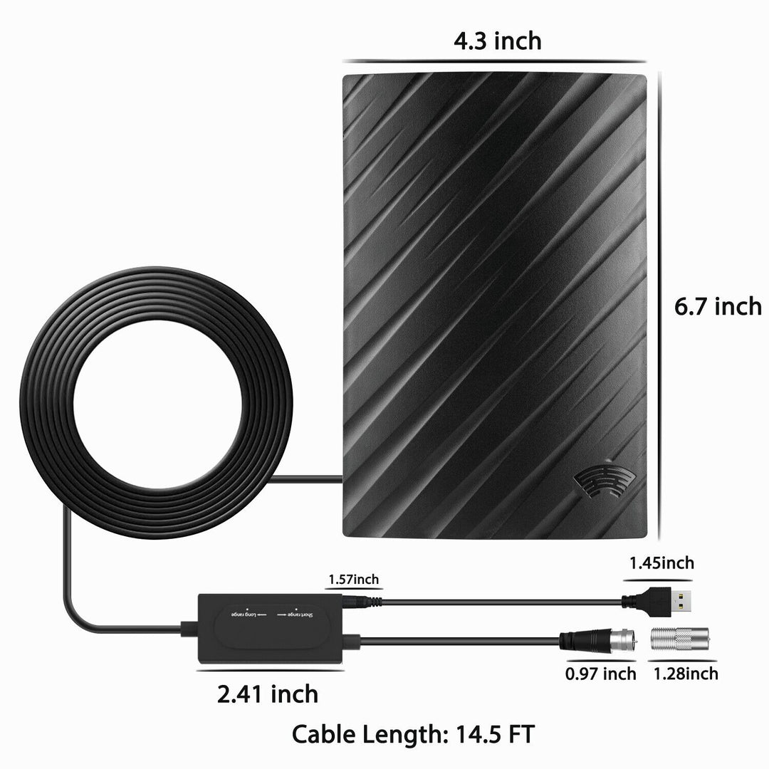 "Indoor 4K HDTV antenna, sleek black design, up to 600 miles range, with coaxial cable, fits modern living spaces."