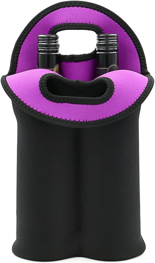 Neoprene insulated bag, safely carries two wine bottles for picnics.