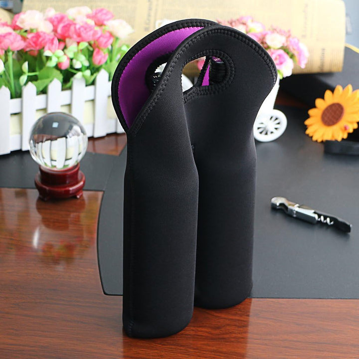 Durable insulated wine carrier, protects and cools two bottles for travel.