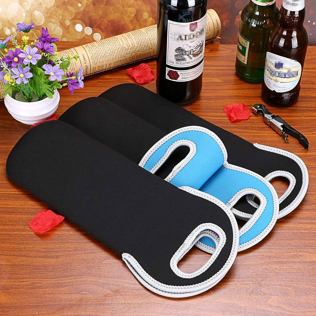 Stylish neoprene dual wine bottle carrier, great for picnics and travel.
