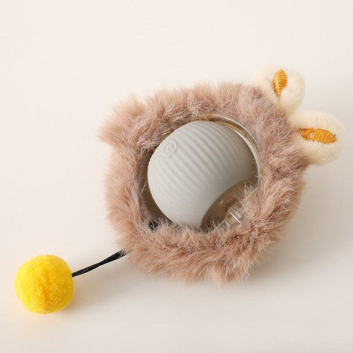 "Interactive cat toy, rolling ball with plush tail, vibrant color options for engaging feline play and exercise."