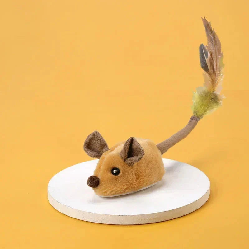 Interactive cat toy with plush mouse and feather tuft, designed for engaging play and sparking your cat's hunting instincts.