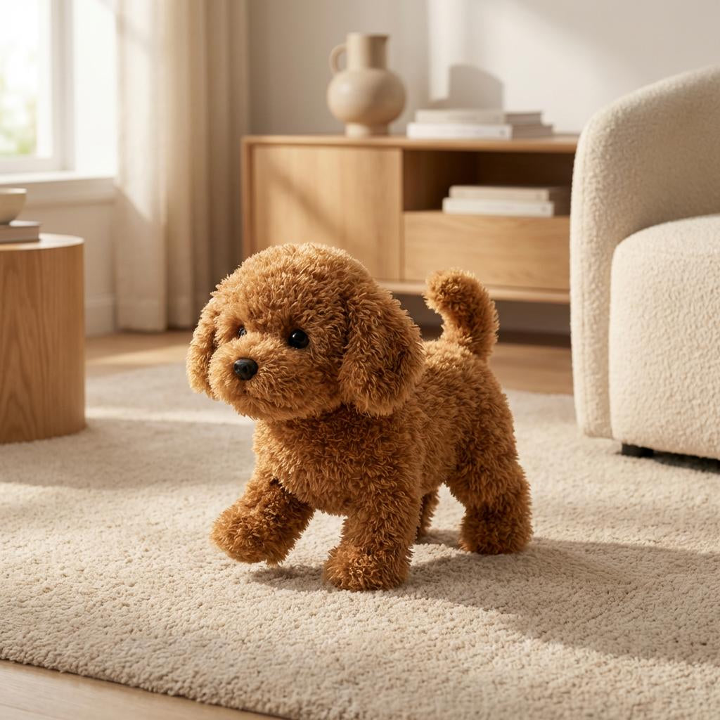 Interactive walking plush puppy dog toy for kids. A soft, cuddly electronic pet perfect for playtime.