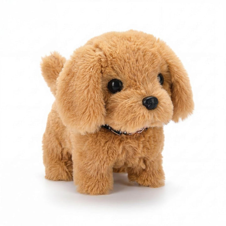 Cuddly interactive walking plush puppy, a fun electronic pet and kids' toy for playtime.