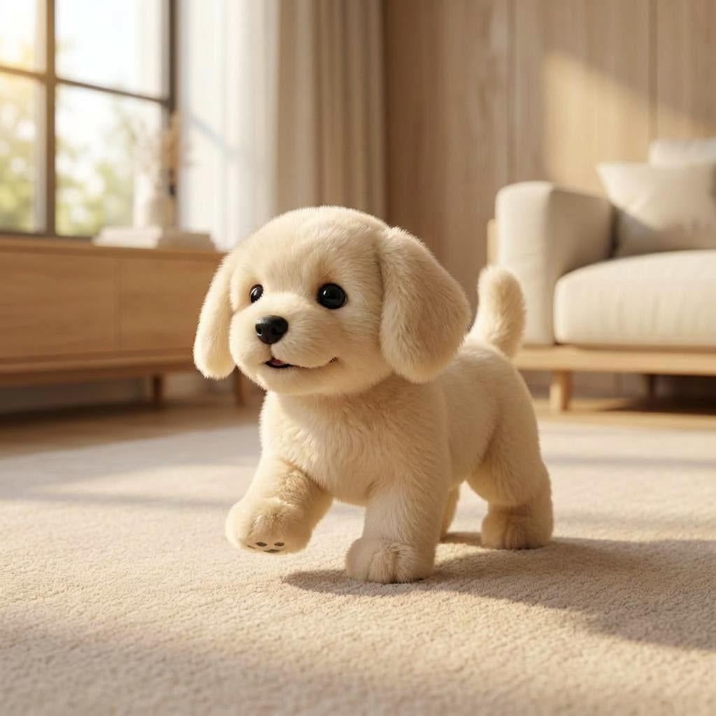 Electronic pet interactive walking plush puppy, a soft cuddly toy for children's playtime.