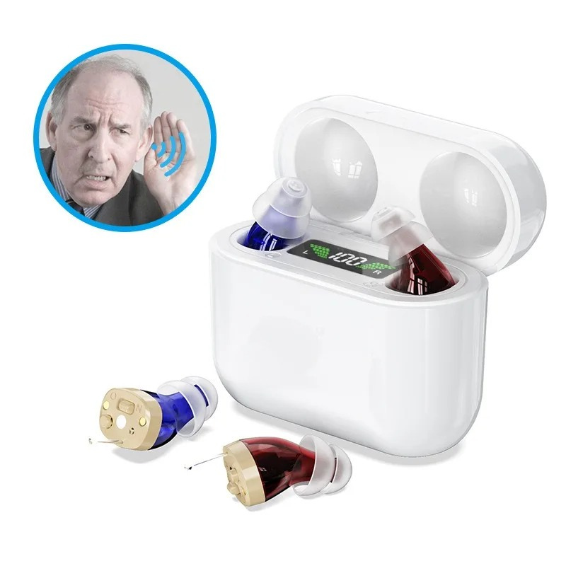 Invisible and comfortable hearing aid in ear; sleek design, ergonomic fit, enhances audio, comes with a rechargeable battery.