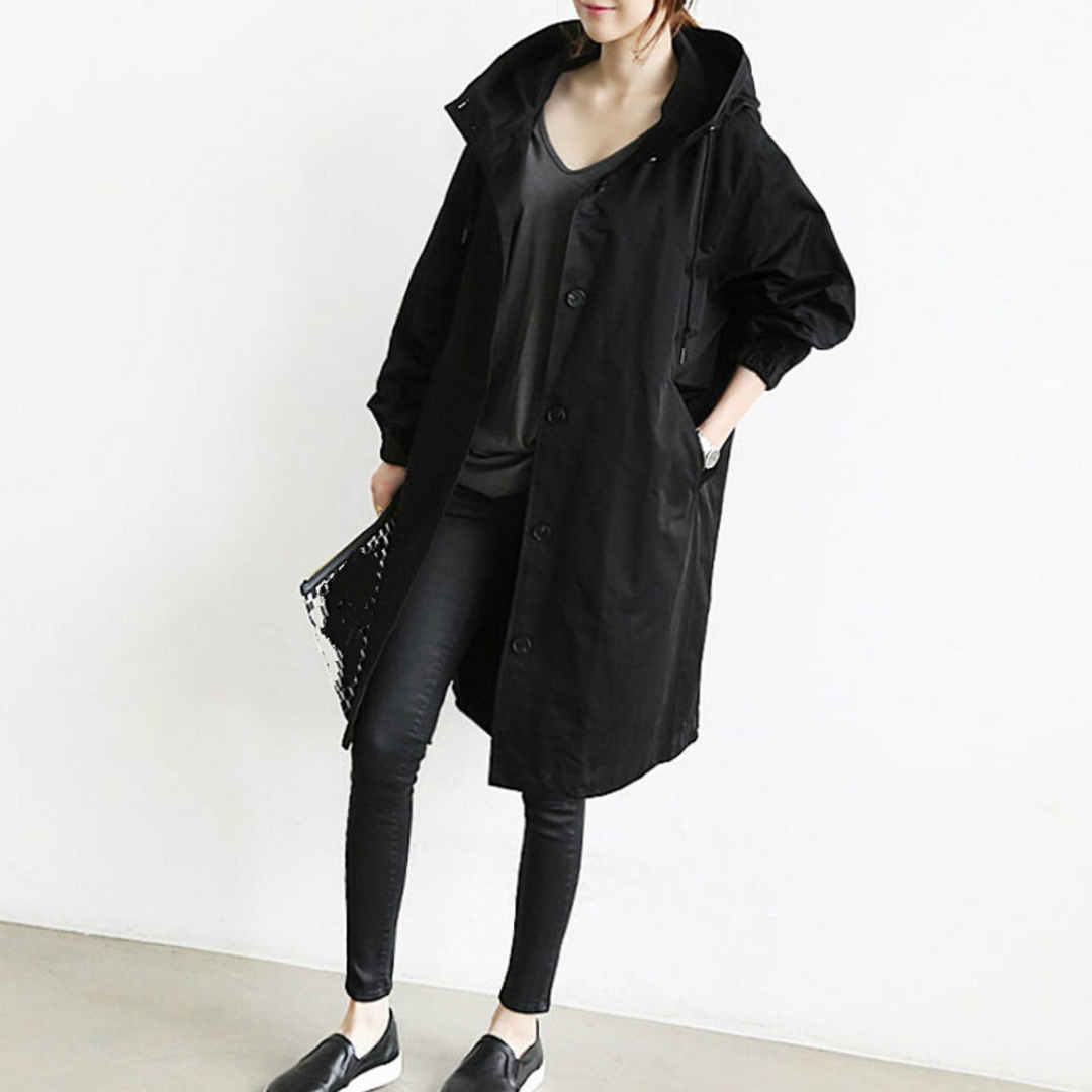 Isabelle women's long hooded trench coat, stylish and elegant outerwear for autumn and winter fashion.