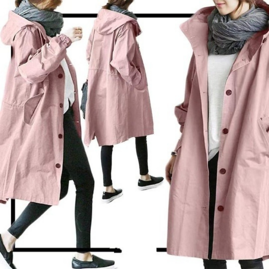 Waterproof and windproof women's long trench coat with hood, designed for elegant all-weather fashion.