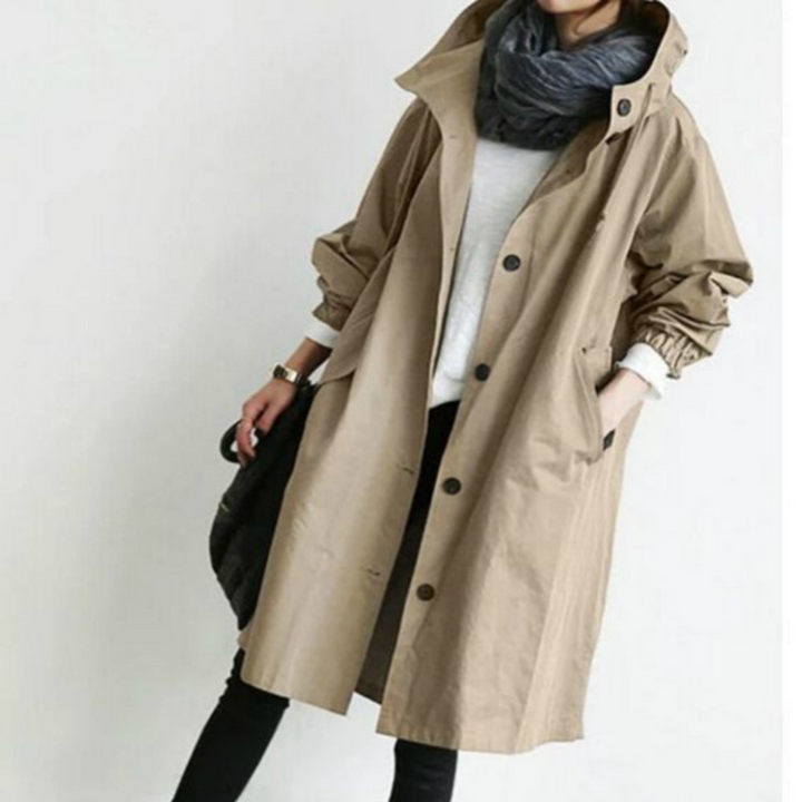 Stylish Isabelle women's long hooded coat, perfect for autumn and winter, offering comfortable protection.