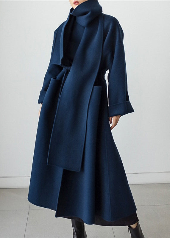 Isabelle women's tailored wool winter coat in classic blue, elegant long outerwear for cold weather fashion.