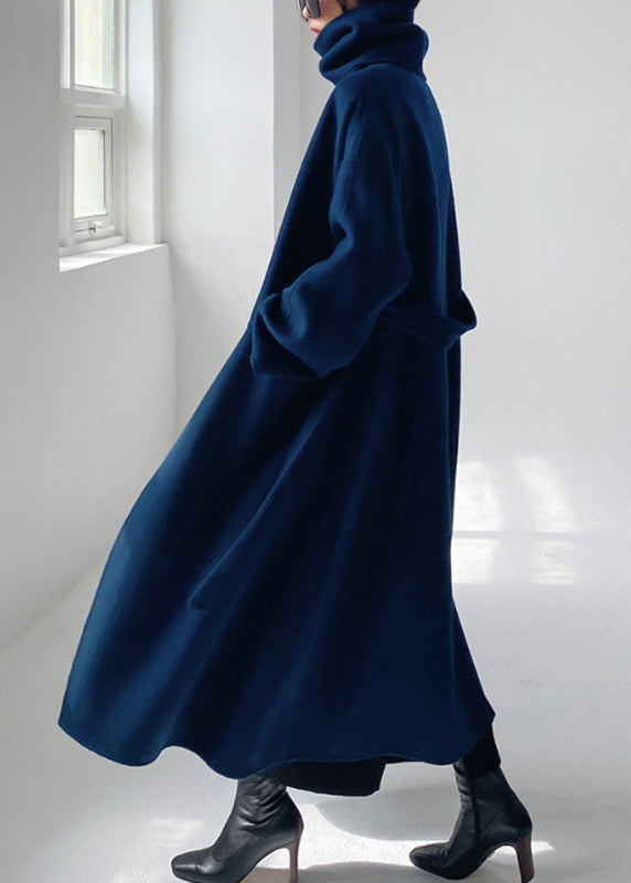 Classic blue Isabelle women's tailored wool coat, a long and elegant outerwear piece for winter fashion.