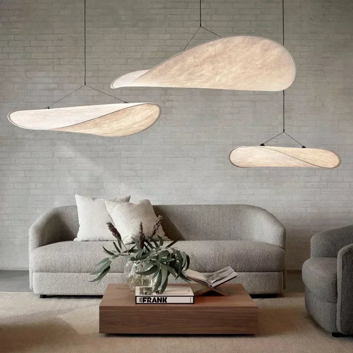 "Japanese Silk Handmade Chandelier with elegant wave-inspired design, side view showcasing luxurious silk fabric brilliance."