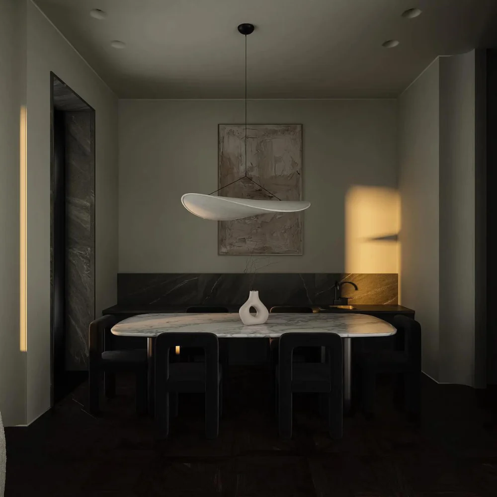 "Japanese Silk Handmade Chandelier with elegant wave-inspired design, side view showcasing luxurious silk fabric brilliance."