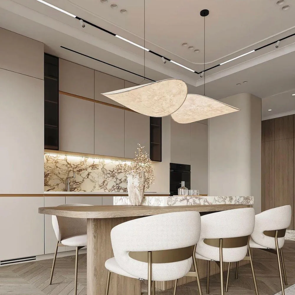 "Japanese Silk Handmade Chandelier with elegant wave-inspired design, side view showcasing luxurious silk fabric brilliance."