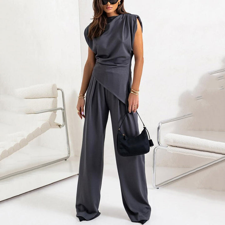 Khaki elegant women's two-piece co-ord set, comfortable and versatile for casual chic style.