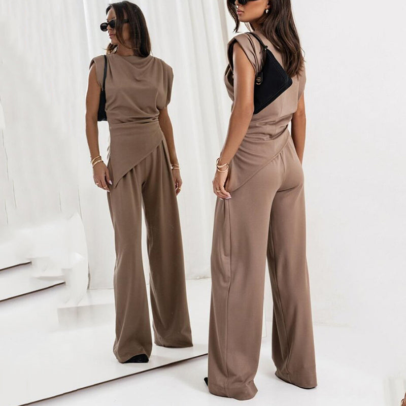 Gray women's matching co-ord set, elegant and comfortable two-piece outfit.