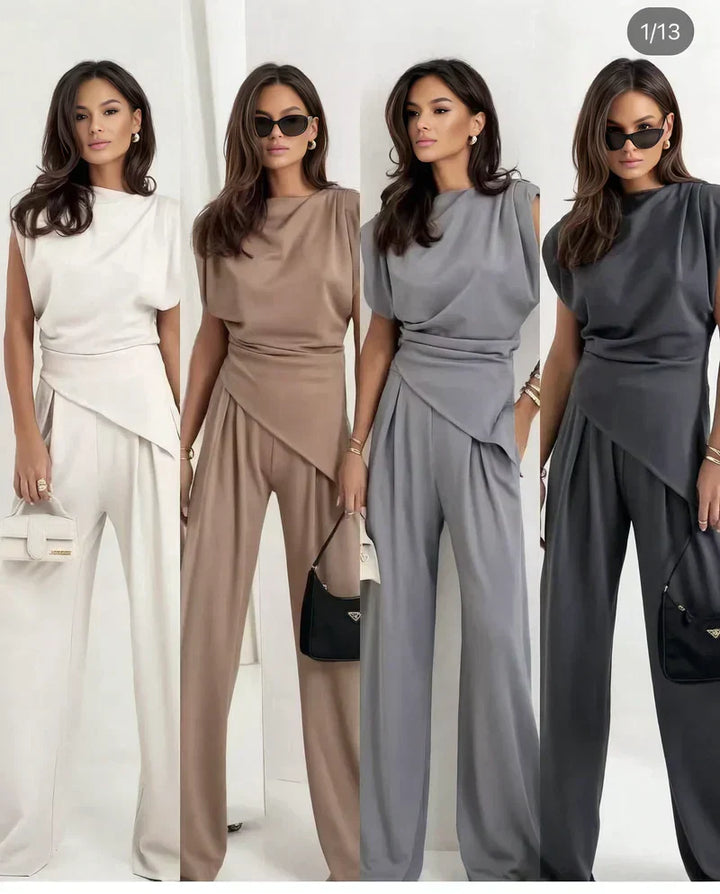 Elegant gray women's two-piece outfit, comfortable and chic matching set fashion.