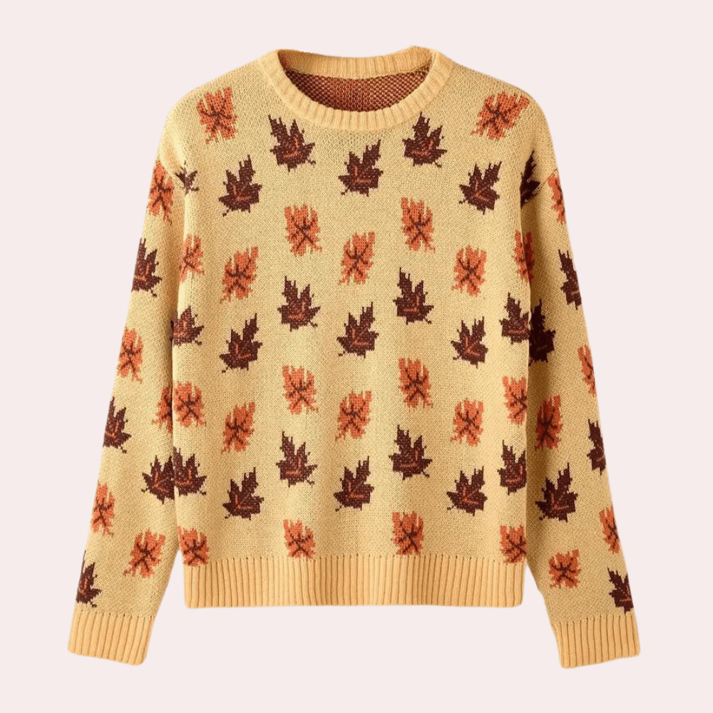 Khaki women's knitted leaf pattern jumper. Cozy long sleeve pullover for fall & winter casual fashion.
