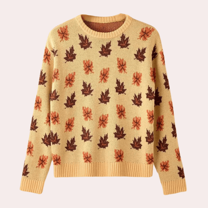 Khaki women's knitted leaf pattern jumper. Cozy long sleeve pullover for fall & winter casual fashion.