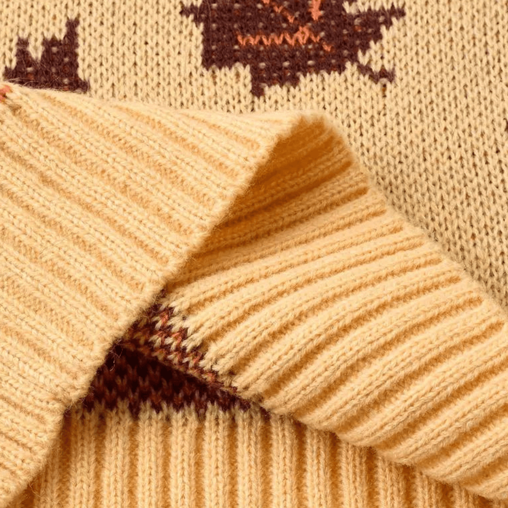 Stylish women's long sleeve knitted jumper featuring a unique leaf pattern. Khaki sweater for fall casual comfort.