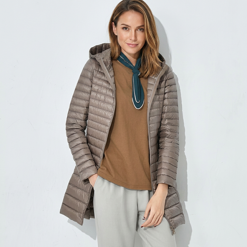 Women's warm long puffer jacket, ideal winter coat with hood, offering cozy comfort and style.