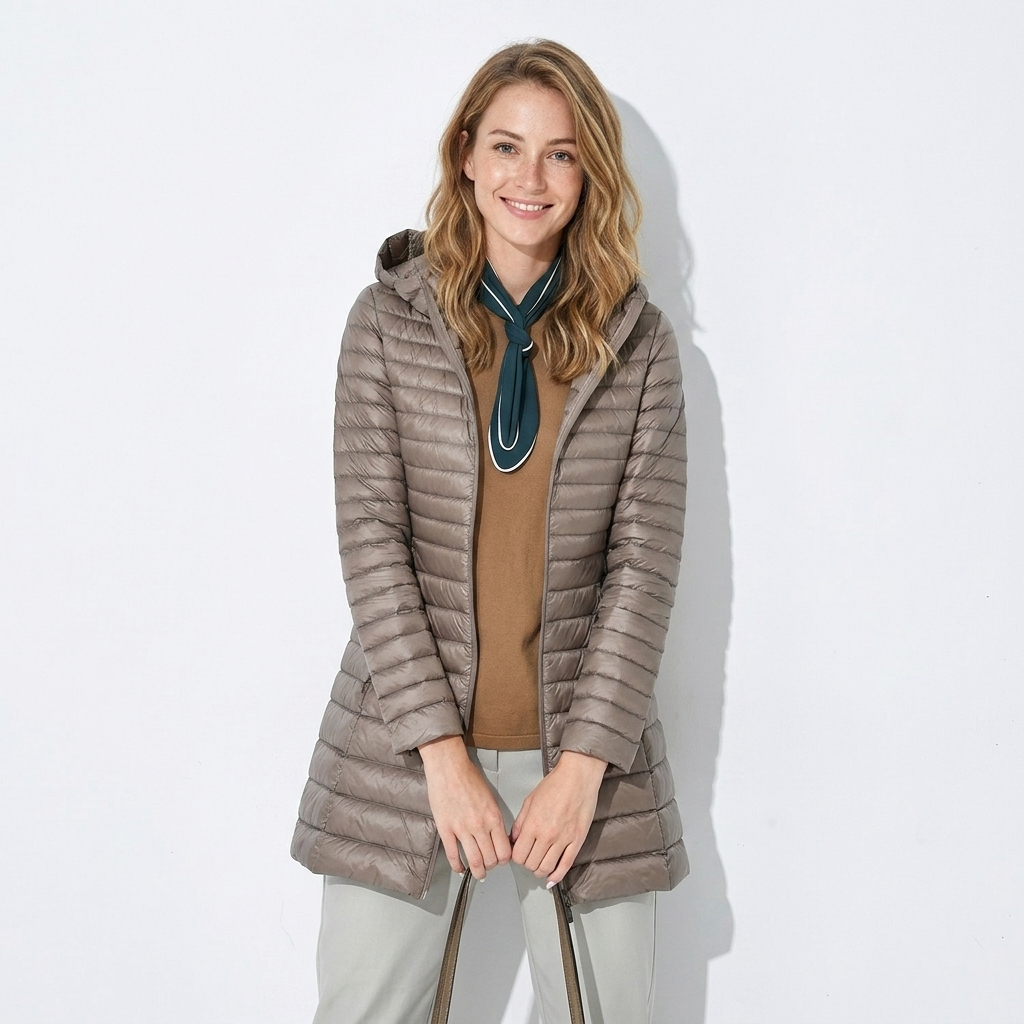 Khaki women's zip-up long hooded puffer jacket, a warm and practical winter coat for women.