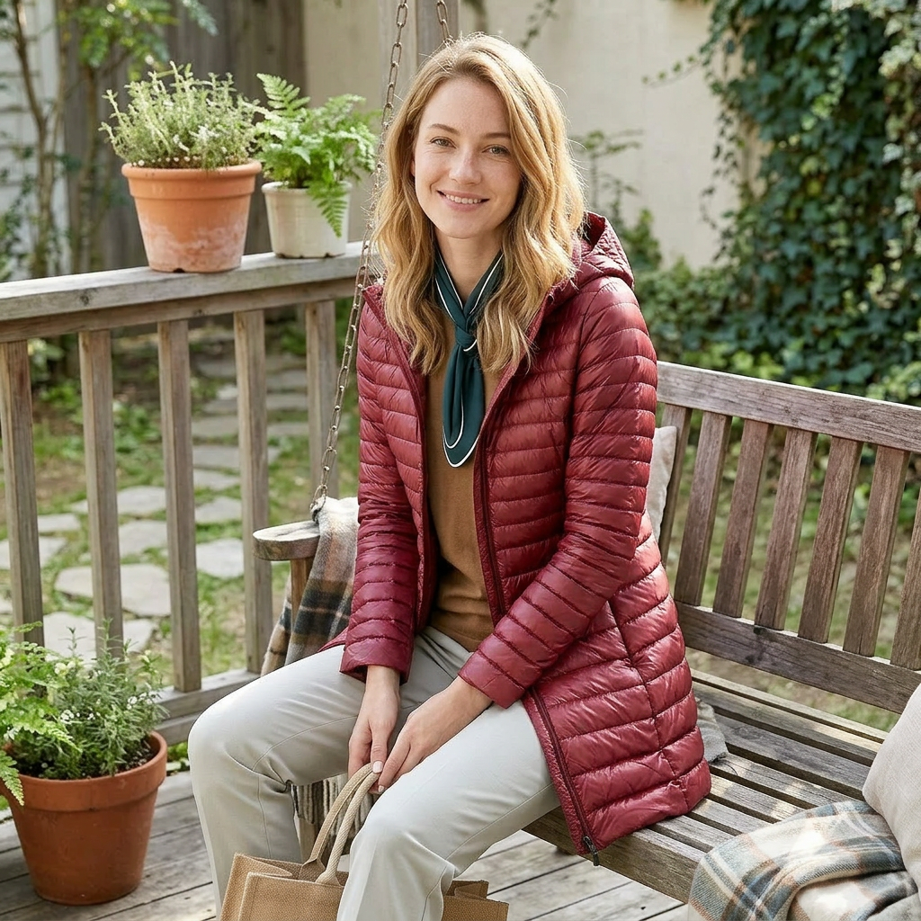 Stylish women's long hooded puffer jacket in khaki, designed as warm winter outerwear.