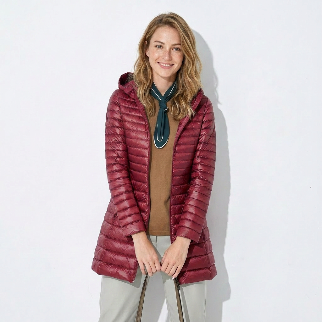 Women's long puffer coat, a warm burgundy hooded jacket for winter, featuring full zip-up closure.