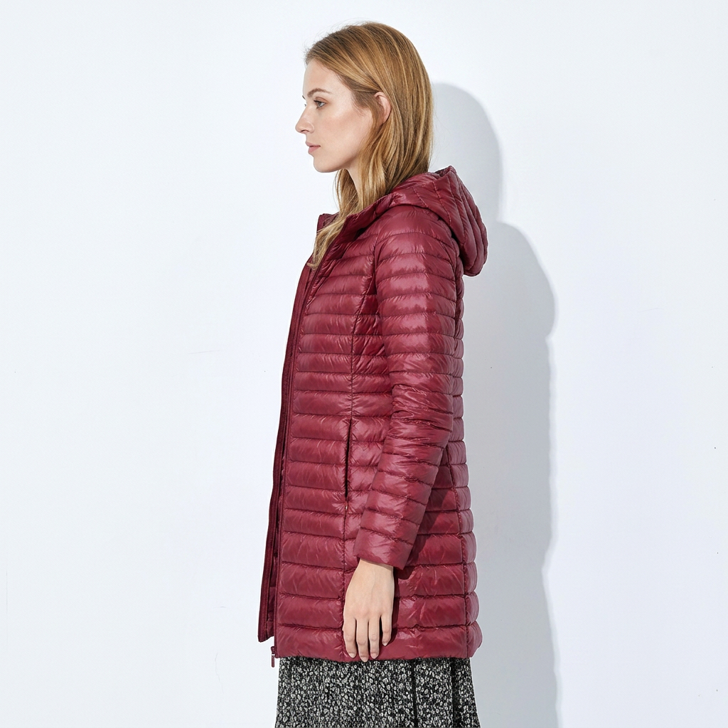 Warm women's long hooded puffer jacket, essential winter coat available in khaki and burgundy.