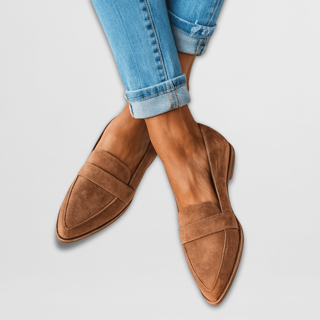 Khaki women's pointed toe loafers with classic penny strap. Stylish slip-on flats for elegant office wear or casual chic.