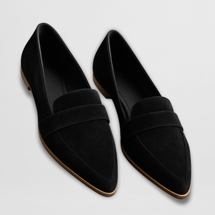 Black women's pointed toe loafers, elegant penny strap slip-on flats. Perfect fashion footwear for office and chic casual wear.