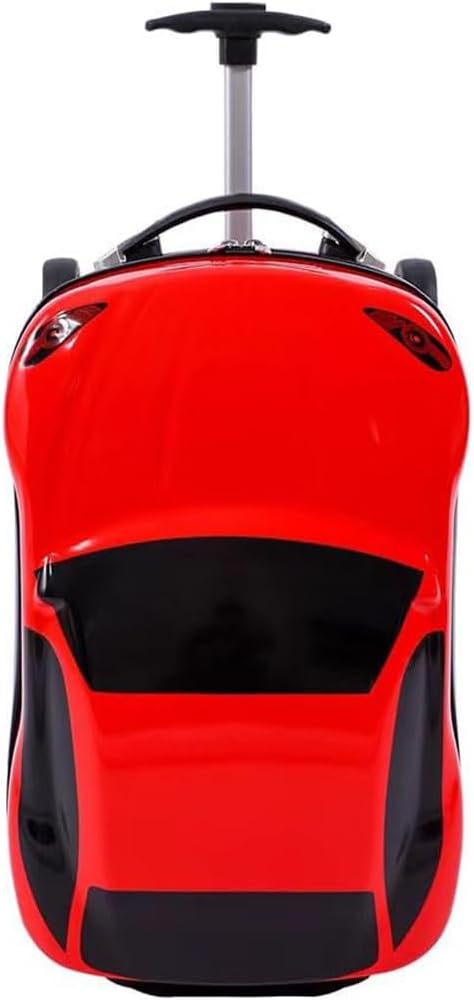 Kids' 18-inch pull-along suitcase in fun car design, perfect wheeled travel gear for children.