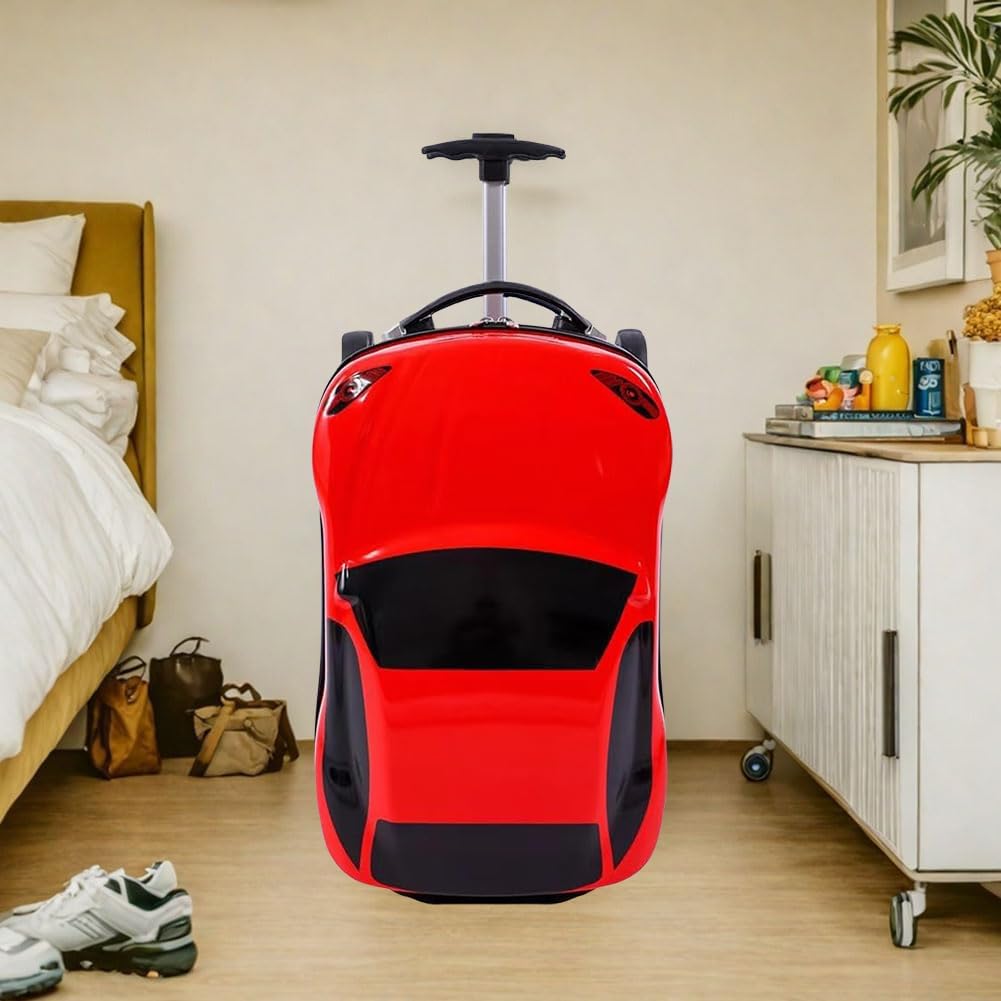 Blue 18-inch kids' car design pull-along suitcase with retractable handle, durable wheeled travel bag.