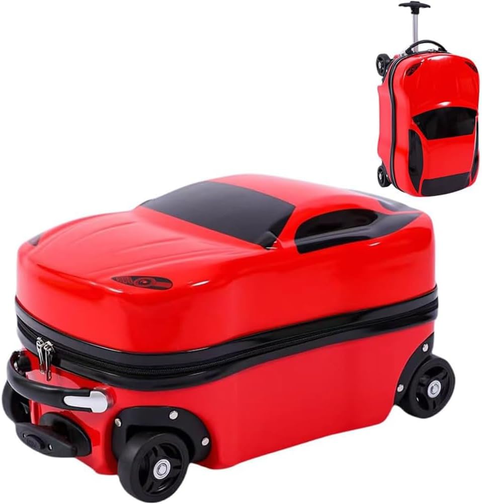 Red 18-inch children's car luggage with telescopic handle; a fun & durable pull-along travel suitcase.