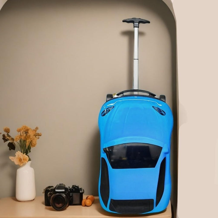 Fun 18-inch car-shaped pull-along suitcase for kids, ideal children's wheeled luggage for travel adventures.