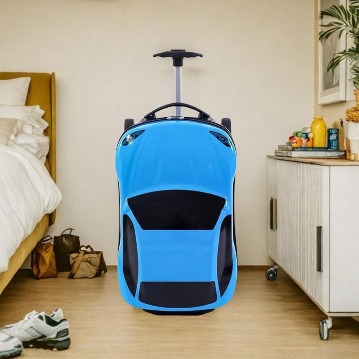 Unique car design 18-inch kids' pull-along travel suitcase with telescopic handle, making trips fun.