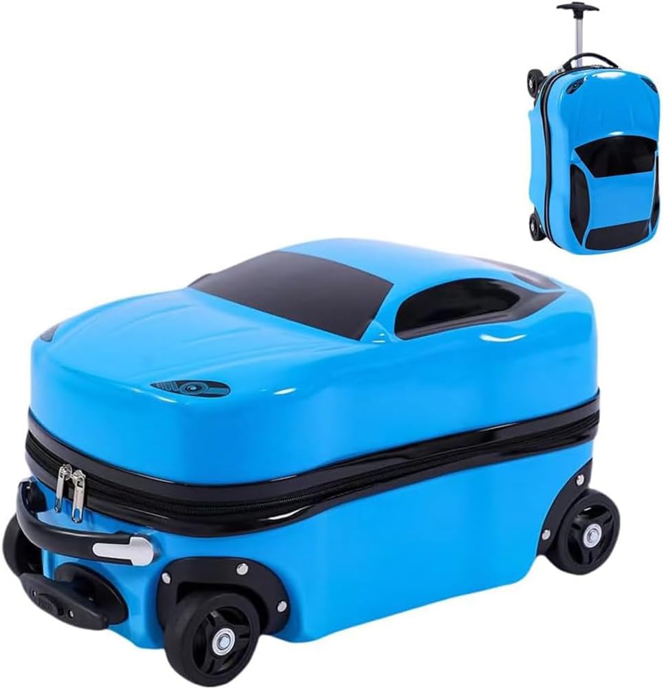 Vibrant blue or red 18-inch kids' car pull-along suitcase, wheeled children's luggage with retractable handle.