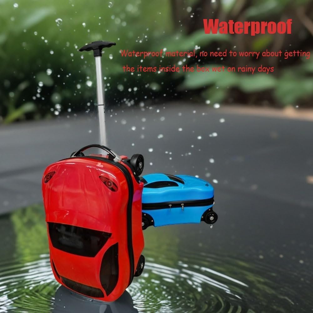 Easy-to-pull 18-inch car design kids' suitcase with retractable handle; a fun, wheeled travel bag for children.