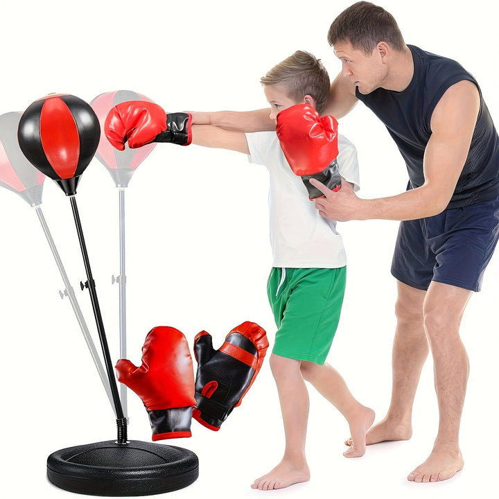 Kids' adjustable punching bag set for boxing training, promoting junior fitness & active play.