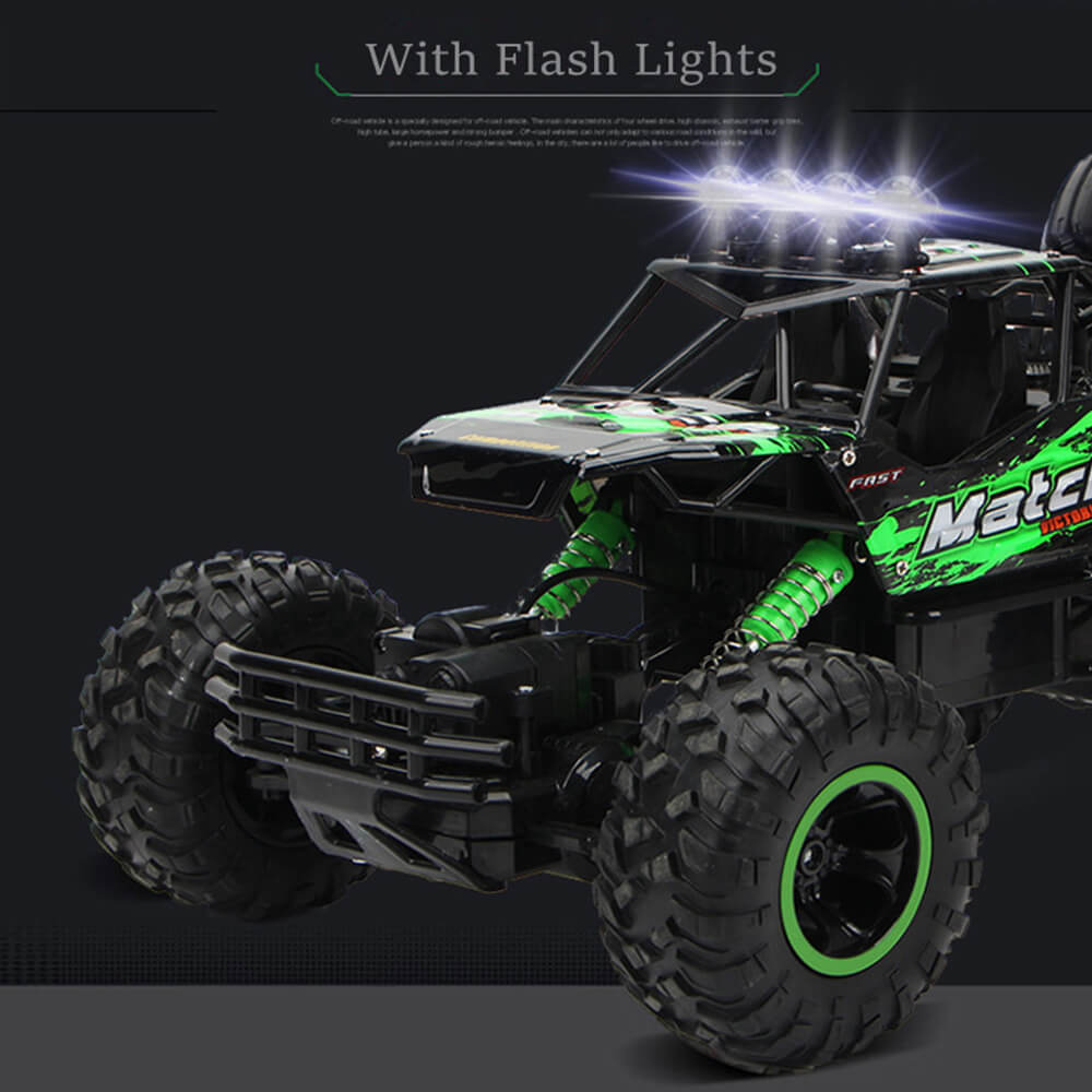 4WD remote control toy truck tackling outdoor terrain; durable RC car for kids' adventure.