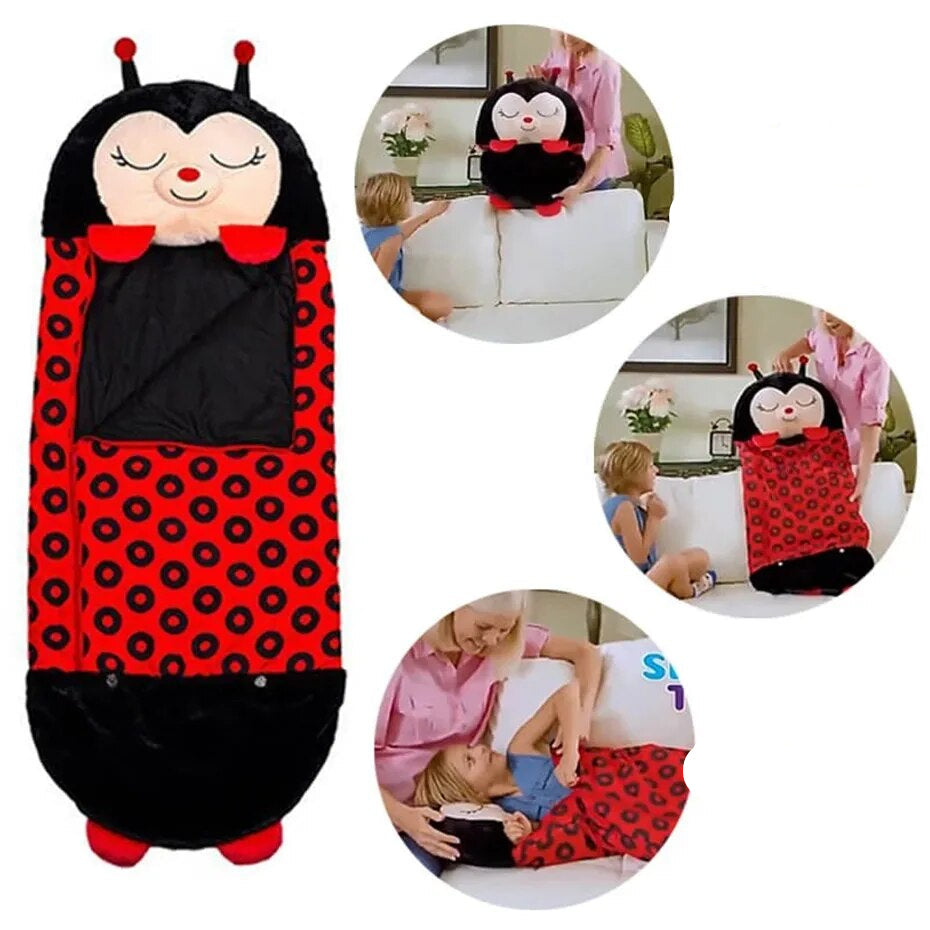 Kids' animal sleeping bag & play pillow, foldable for travel, naps & sleepovers.