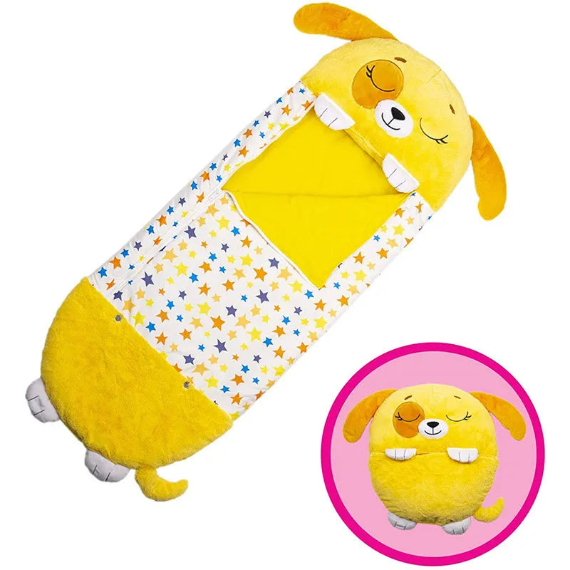 Versatile animal kids' sleeping bag with pillow, foldable nap sack for travel & comfort.